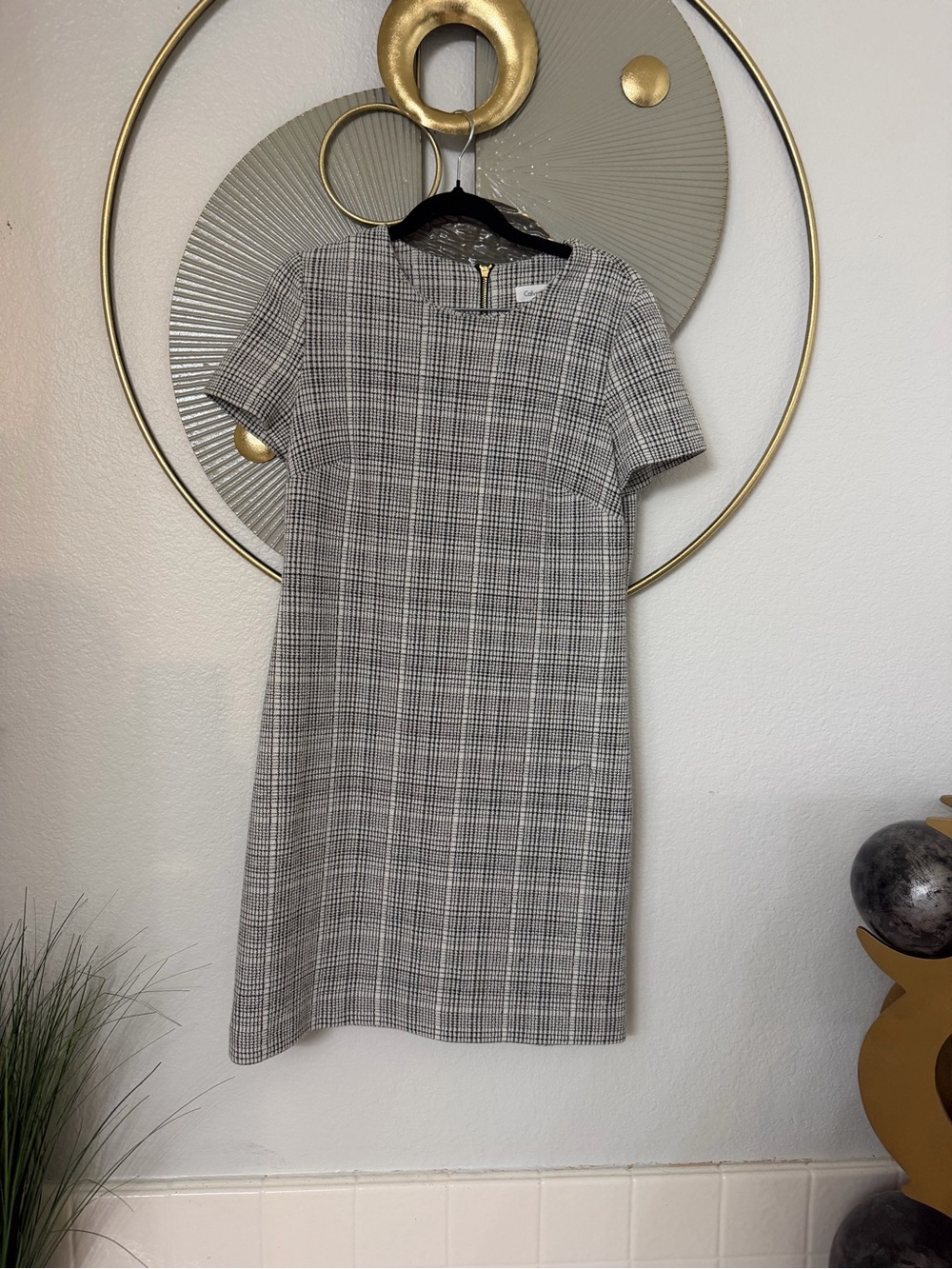 Calvin Klein Gray Plaid Short-Sleeve Sheath Dress